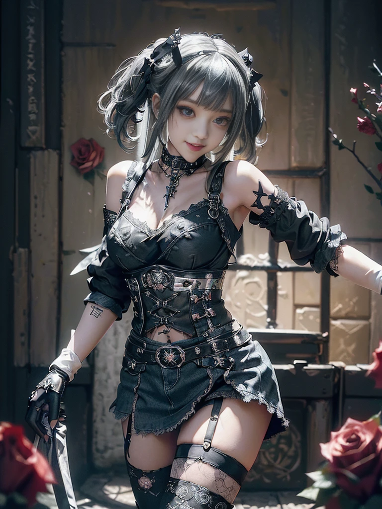 (Smiling with teeth showing:1.3),(Shibuya Gal:1.5)、(Gothic Lolita style fashion:1.5)、(Punk RockVisual Kei:1.4)、(Denim and black and white medieval noble mini skirt dress:1.5)、(Denim and white medieval gloves and bustier:1.5)、(Denim high heels:1.3)、(Wearing silver accessories:1.5)、(Denim collar:1.4)、(Black Leather Garter Belt:1.4)、(Brown Skin Belt:1.3)、(Black lace underwear:1.5)、20-year-old、NSFW、((Highest quality、In 8K、masterpiece:1.3))、Sharp focus:1.2、(Layered Cut、Huge boobs:1.1),Beautiful woman with perfect figure:1.4、(Dancing vigorously:1.3)、Slender Abs:1.2、Highly detailed face and skin texture、Detailed eyes、double eyelid,(Twin tails:1.3)、(Brown-golden hair:1.3)、Gravure idol、(The background is a VIP room of a high-class cabaret club surrounded by roses on a sunny day outdoors.:1.3)、(Slim body:1.2),(Make your legs thinner:1.4),（clavicle:1.1）
