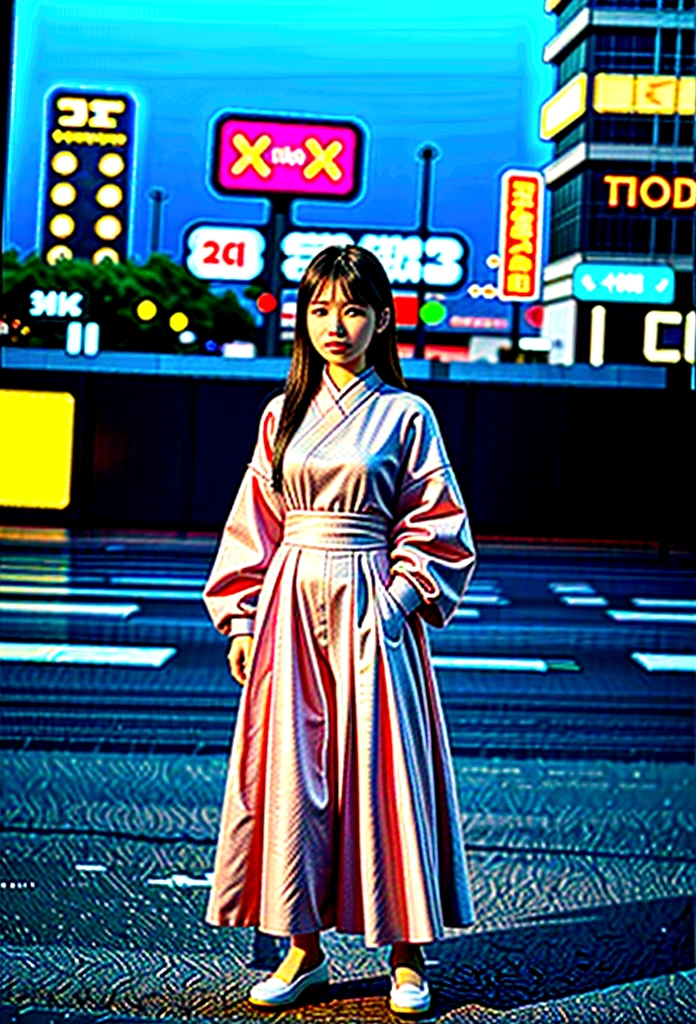 A Chinese girl standing alone on the street，night，Ultra-clear，8K，