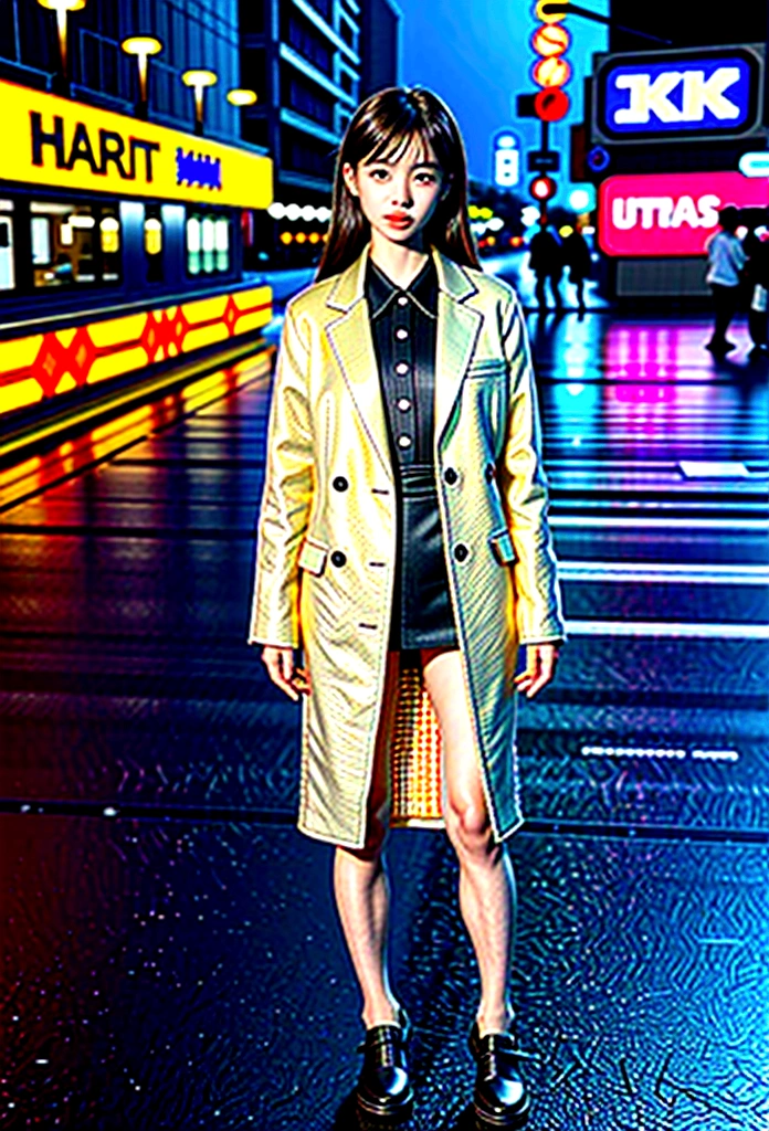 A Chinese girl standing alone on the street，night，Ultra-clear，8K，