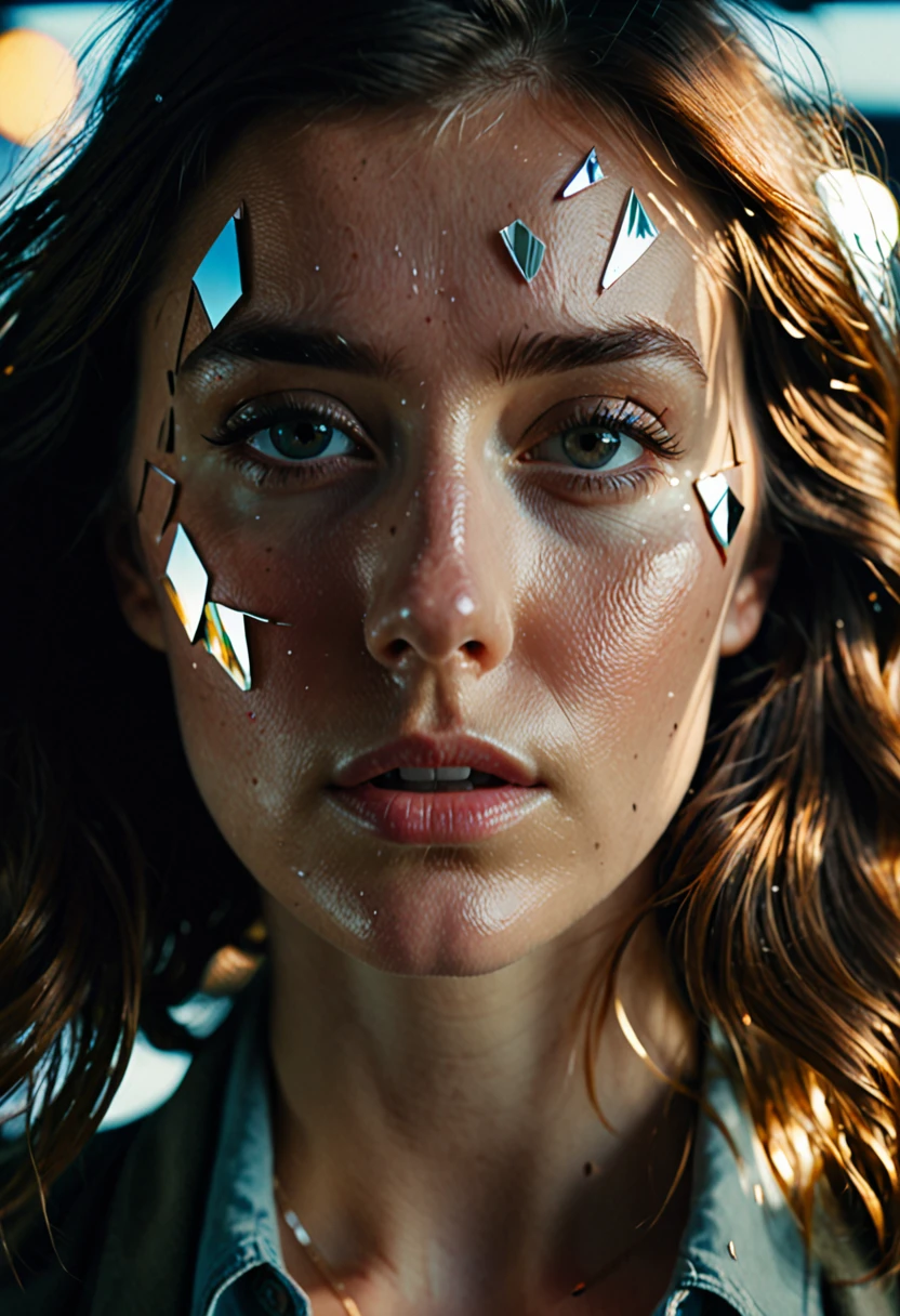 shattered mirror, reflect, girl's face, cinematic shot + dynamic composition, incredibly detailed, sharpen, details + intricate detail + professional lighting, film lighting + 35mm + anamorphic + lightroom + cinematography + bokeh + lens flare + film grain + HDR10 + 8K + Roger Deakins, ((cinematic))