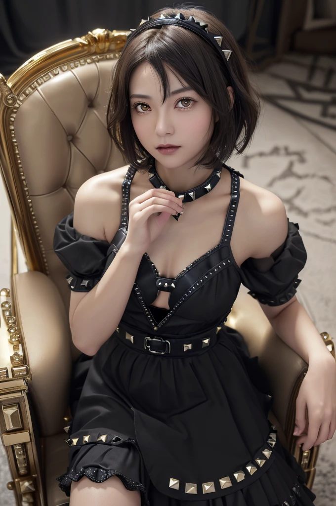 (masterpiece),(highest quality:1.4), (Ultra-high resolution,), detailed, (8k、Realistic、RAW Photos、(One Girl)、Beautiful Face、(Realistic Face)、(short hair:1.3)、Beautiful Hairstyles、Realistic eyes、Beautiful details、(Realistic Skin)、Beautiful and transparent skin、(very good:1.5)、More ridiculous、charm、超High resolution、Surreal、Very detailed、Golden Ratio、(Flat Chest:1.5)、Amber Eyes、黒のgothic ta、(Studded Collar:1.2)、(Rubble pile)、Fantastic World、The fog rolls in、Sit in the King's Chair、From above、Spotlight