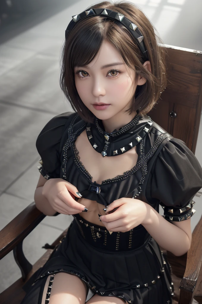 (masterpiece),(highest quality:1.4), (Ultra-high resolution,), detailed, (8k、Realistic、RAW Photos、(One Girl)、Beautiful Face、(Realistic Face)、(short hair:1.3)、Beautiful Hairstyles、Realistic eyes、Beautiful details、(Realistic Skin)、Beautiful and transparent skin、(very good:1.5)、More ridiculous、charm、超High resolution、Surreal、Very detailed、Golden Ratio、(Flat Chest:1.5)、Amber Eyes、黒のgothic lolita、(Studded Collar:1.2)、(Rubble pile)、Fantastic World、The fog rolls in、Sit in the King's Chair、From above、Spotlight