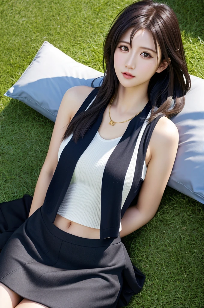 1 ((momo)), Lie down on the grass, Overhead camera, sharp focus, handsome,plump legs, skinny,professional lighting,city, eyelines,gold necklace,rendered eyes,tall body,adult woman,hair ornament,instagram most viewed,official wallpaper, official art,(kpop idol), mini skirt, half-closed eyes,building,((photorealistic painting art by midjourney and greg rutkowski)),((supermodel))