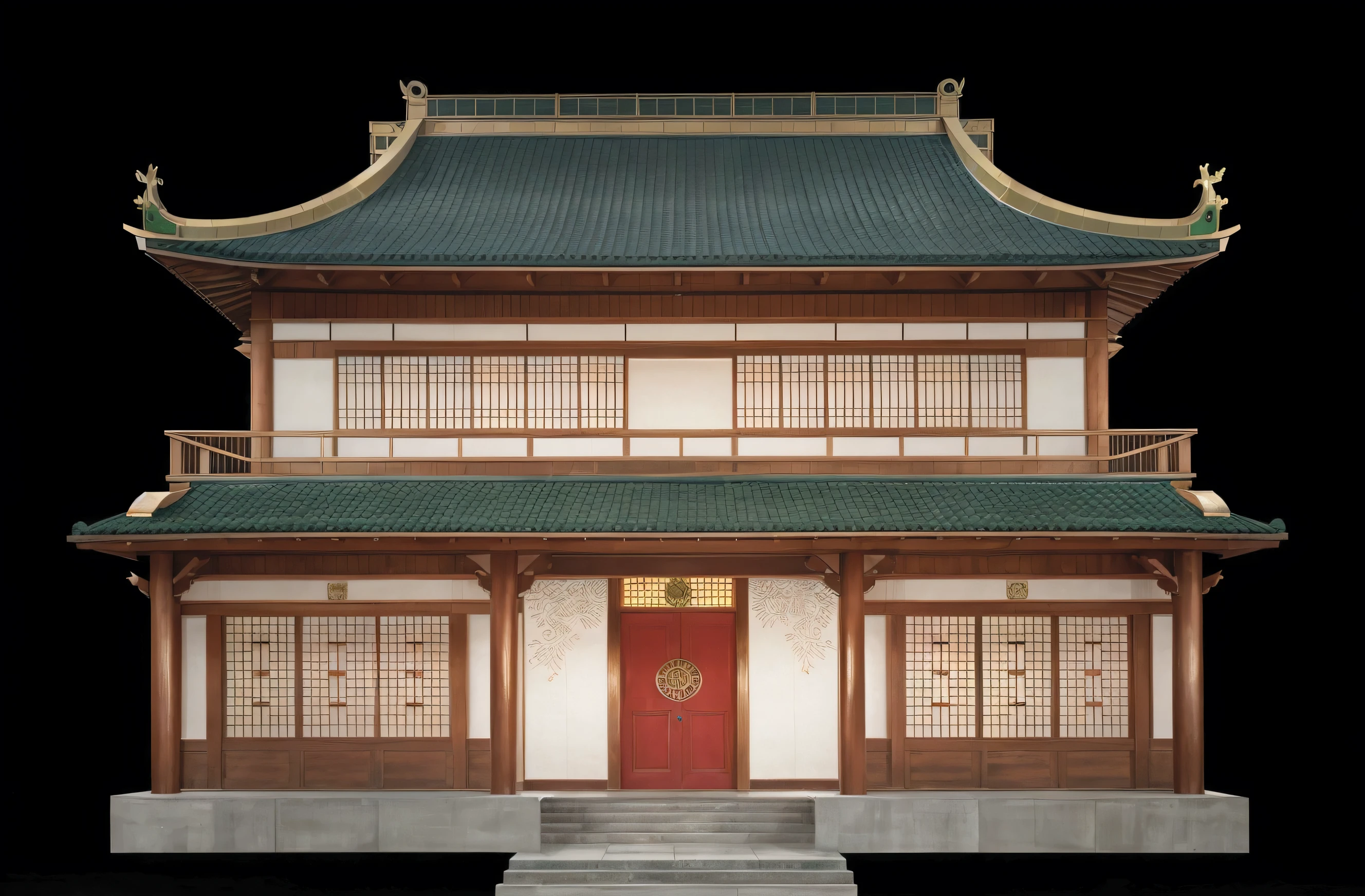 illustration of a traditional chinese house with a red door and a green roof, japanese house, digital painting of a pagoda, chinese building, temple background, zen temple background, japanese temple, an extremely detailed building, inspired by Shūbun Tenshō, artwork in the style of z.w. gu, background depicting a temple, korean traditional palace