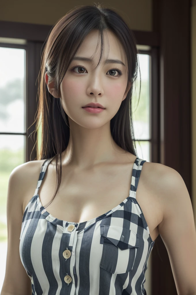 (bestquality,4k,8k,highres,masterpiece:1.2),ultra-detailed,(realistic,photorealistic,photo-realistic:1.37),selfie,(upper body),beautiful Japanese woman,wearing a checkered button-up shirt over a tank top,ample bosom,sad expression,talk room,early summer,cloudy sky,bokeh background