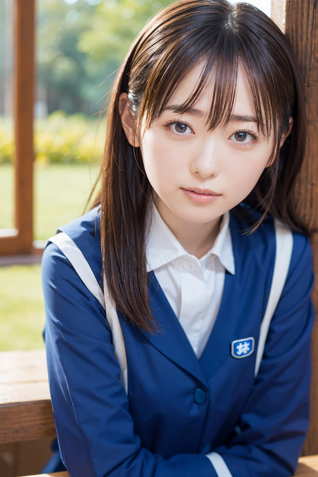 (Tabletop, Highest quality, detailed), One Girl, alone, Soryu Asuka Langley, (Blue Uniform:1.3), White shirt, Free pose, Face Focus