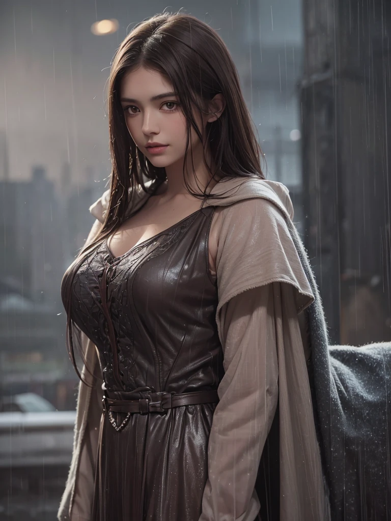 best quality,tmasterpiece,High resolution,Realistic,RAW photo,1girl,dark brown hair,Tall and tall,standing outside in the rain,Sense of strong contrast,Soft and textured skin, cold morning, With a shallow smile, With deep eyes