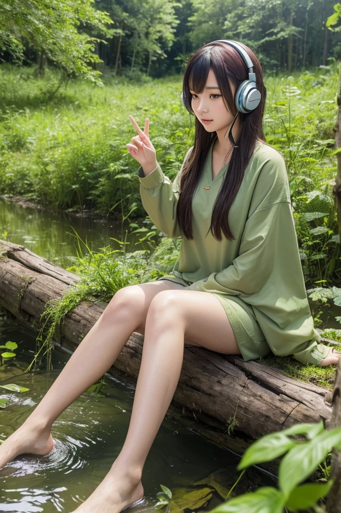 Jibri-Anime style. Wasabi fairy is sitting in a swampy area of a wasabi field in the wilderness, where a stream flows, wearing headphones and being soothed. ((Top quality)), ((Masterpiece)), (Detail),Top high quality, 24K, Beautiful fingers, Beautiful legs, Beautiful face, Full body