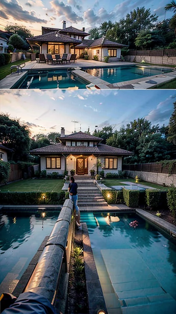 Draw a bungalow house in Sapanca, Turkey, let the house be surrounded by fences, let there be a medium-sized pool in front of the house, let the ground of the garden be covered with grass, let there be a couple of lovers sitting on sunbeds facing the pool, a little away from the pool, let it be dark, the couple's hands and legs will be visible Let it be in such a way that the boy and the girl hold hands and face the view and take a photo. Draw me a photo of that scene in a realistic way, the girl and the boy's hands will be visible, the pool and the bungolow house will be visible, let it be summer, let it be a romantic environment, the girl and the boy's first time together. will have a holiday