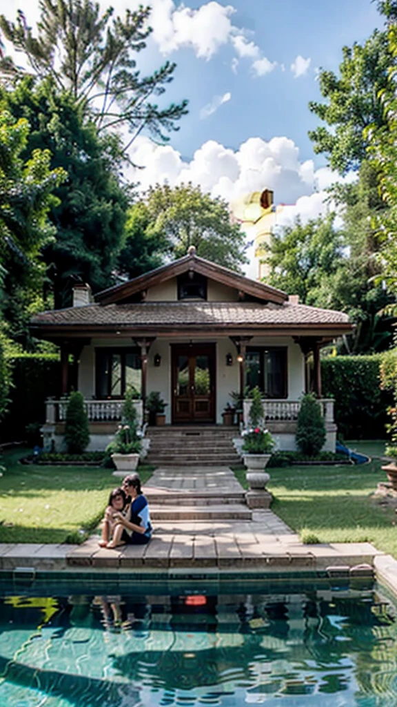 Draw a bungalow house in Sapanca, Turkey, let the house be surrounded by fences, let there be a medium-sized pool in front of the house, let the ground of the garden be covered with grass, let there be a couple of lovers sitting on sunbeds facing the pool, a little away from the pool, let it be dark, the couple's hands and legs will be visible Let it be in such a way that the boy and the girl hold hands and face the view and take a photo. Draw me a photo of that scene in a realistic way, the girl and the boy's hands will be visible, the pool and the bungolow house will be visible, let it be summer, let it be a romantic environment, the girl and the boy's first time together. will have a holiday