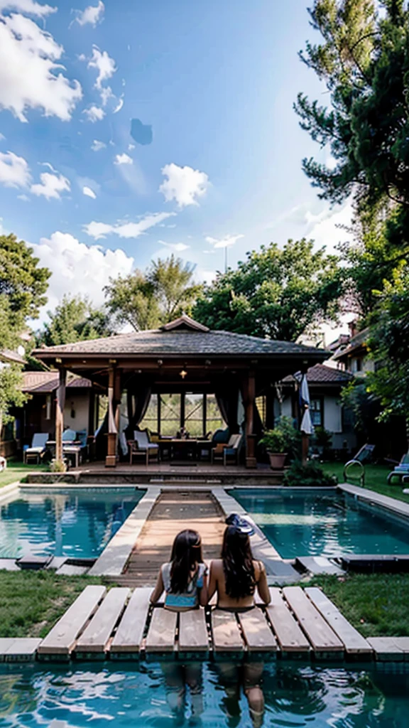 Draw a bungalow house in Sapanca, Turkey, let the house be surrounded by fences, let there be a medium-sized pool in front of the house, let the ground of the garden be covered with grass, let there be a couple of lovers sitting on sunbeds facing the pool, a little away from the pool, let it be dark, the couple's hands and legs will be visible Let it be in such a way that the boy and the girl hold hands and face the view and take a photo. Draw me a photo of that scene in a realistic way, the girl and the boy's hands will be visible, the pool and the bungolow house will be visible, let it be summer, let it be a romantic environment, the girl and the boy's first time together. will have a holiday