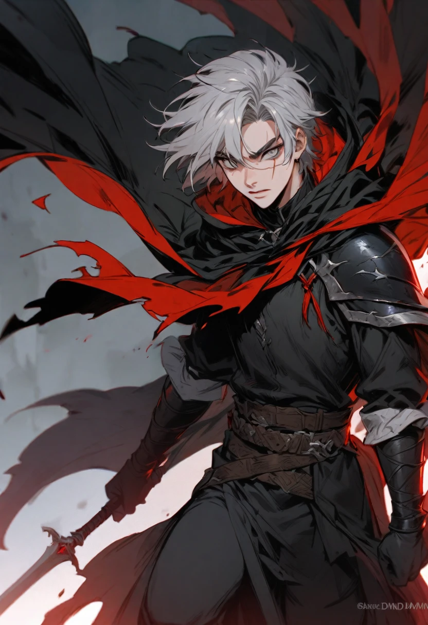 young man ,Male Dark, Red & Black colors, gray eye, rogue dnd, wear cape, hood, have scar