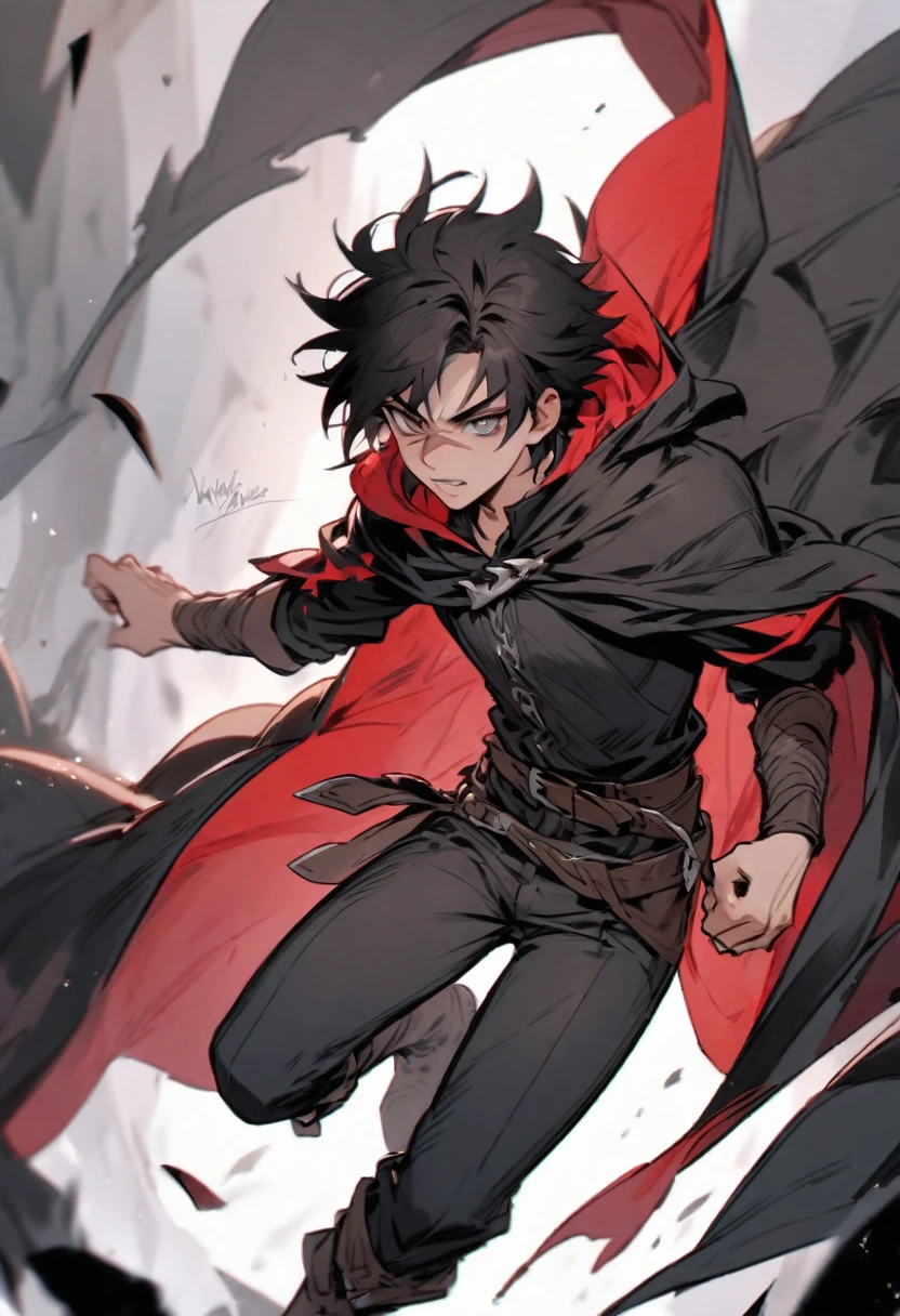young man ,Male Dark, Red & Black colors, gray eye, rogue dnd, wear cape, hood, have scar