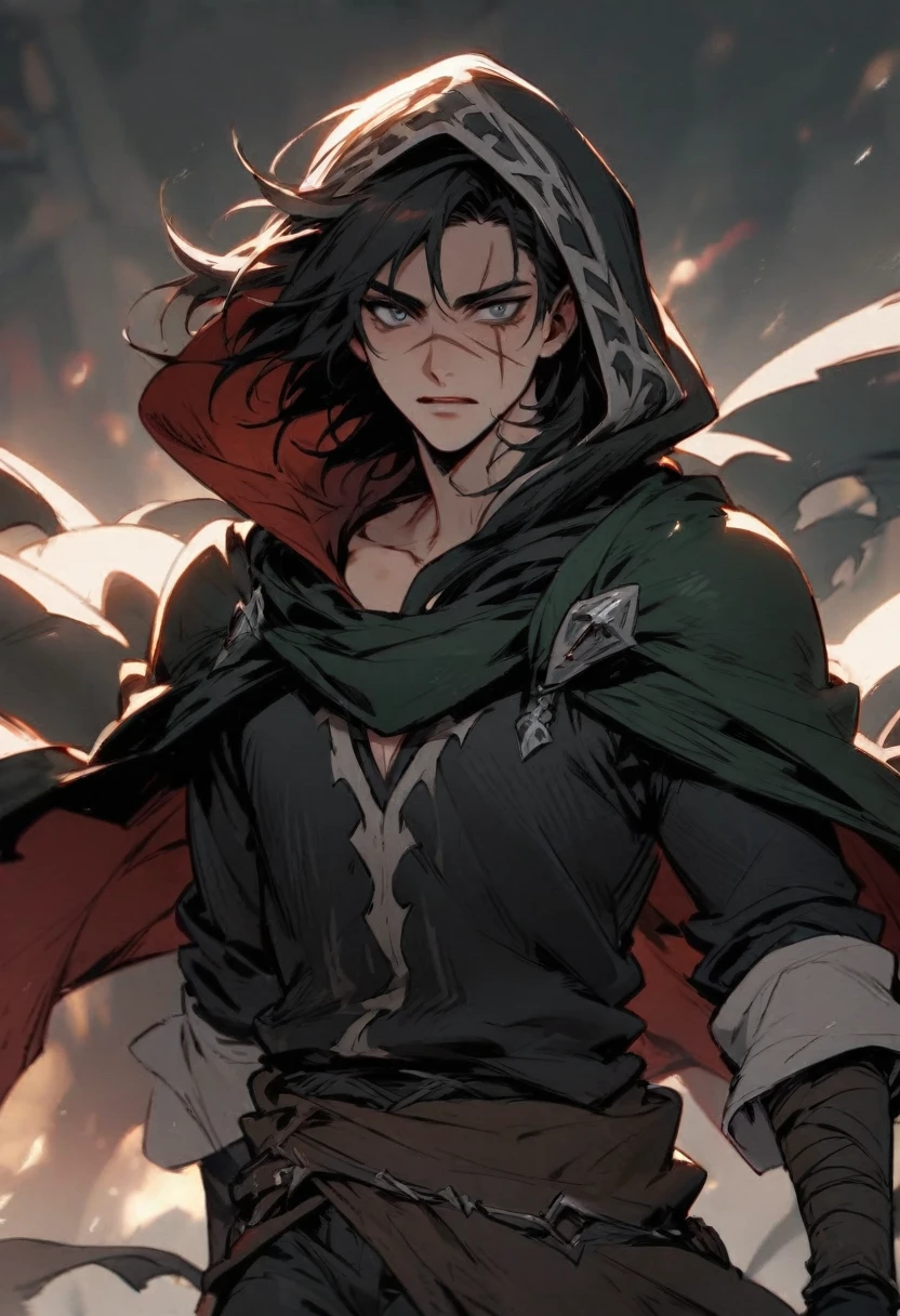 young man ,Male Dark, Red & Black colors, gray eye, rogue dnd, wear cape, hood, have scar