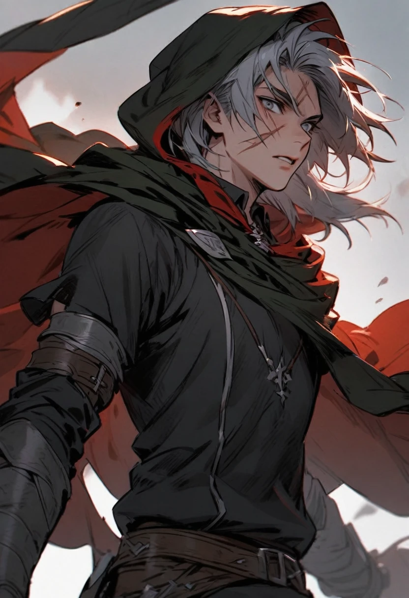 young man ,Male Dark, Red & Black colors, gray eye, rogue dnd, wear cape, hood, have scar