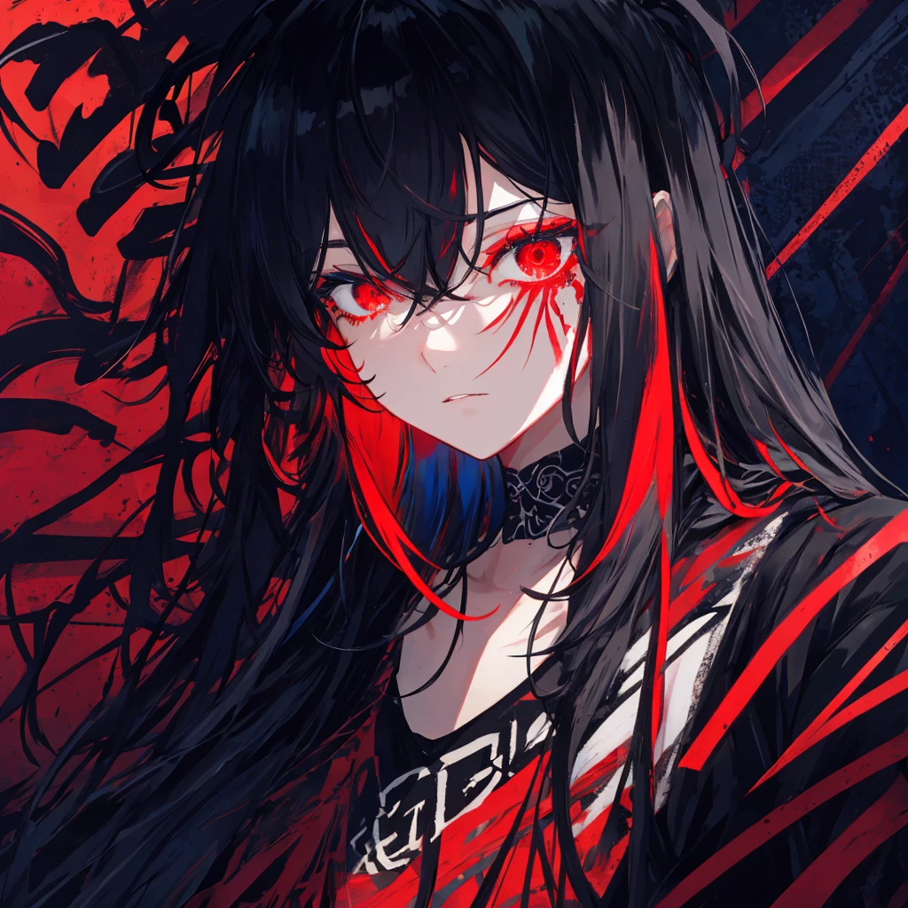 best quality, intricate details, chromatic aberration,
1girl, long hair, black hair, messy hair, red highlights, hair over one eye, red eyes, sharp eyes,
choker, neon shirt, torn legwear, open jacket,
against wall, brick wall, graffiti, glowing grafiti, glowing tattoos, glow, neon lights,
blacklight,