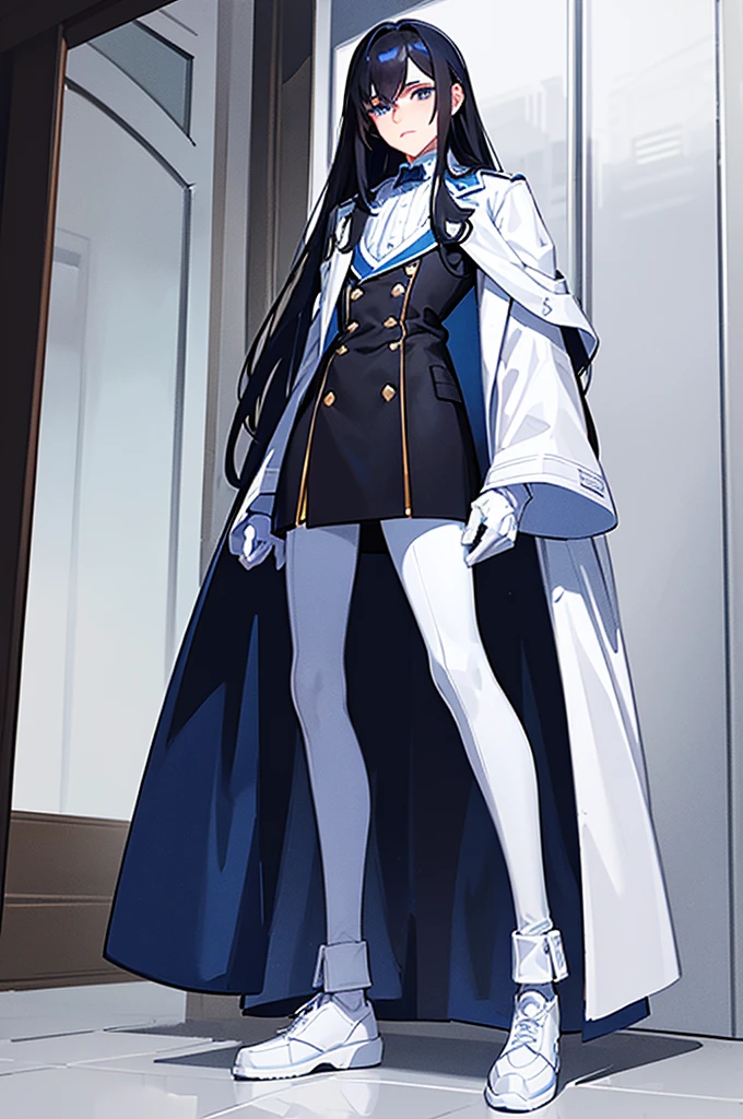 an effeminate teenager with long straight dark hair, although, a little bluish, blue colored eyes, white labcoat, wearing fingerless gloves, wide black pants with pockets, white stockings, red and white sneakers with white laces, he is waving as he stands at the door of his elegant home.