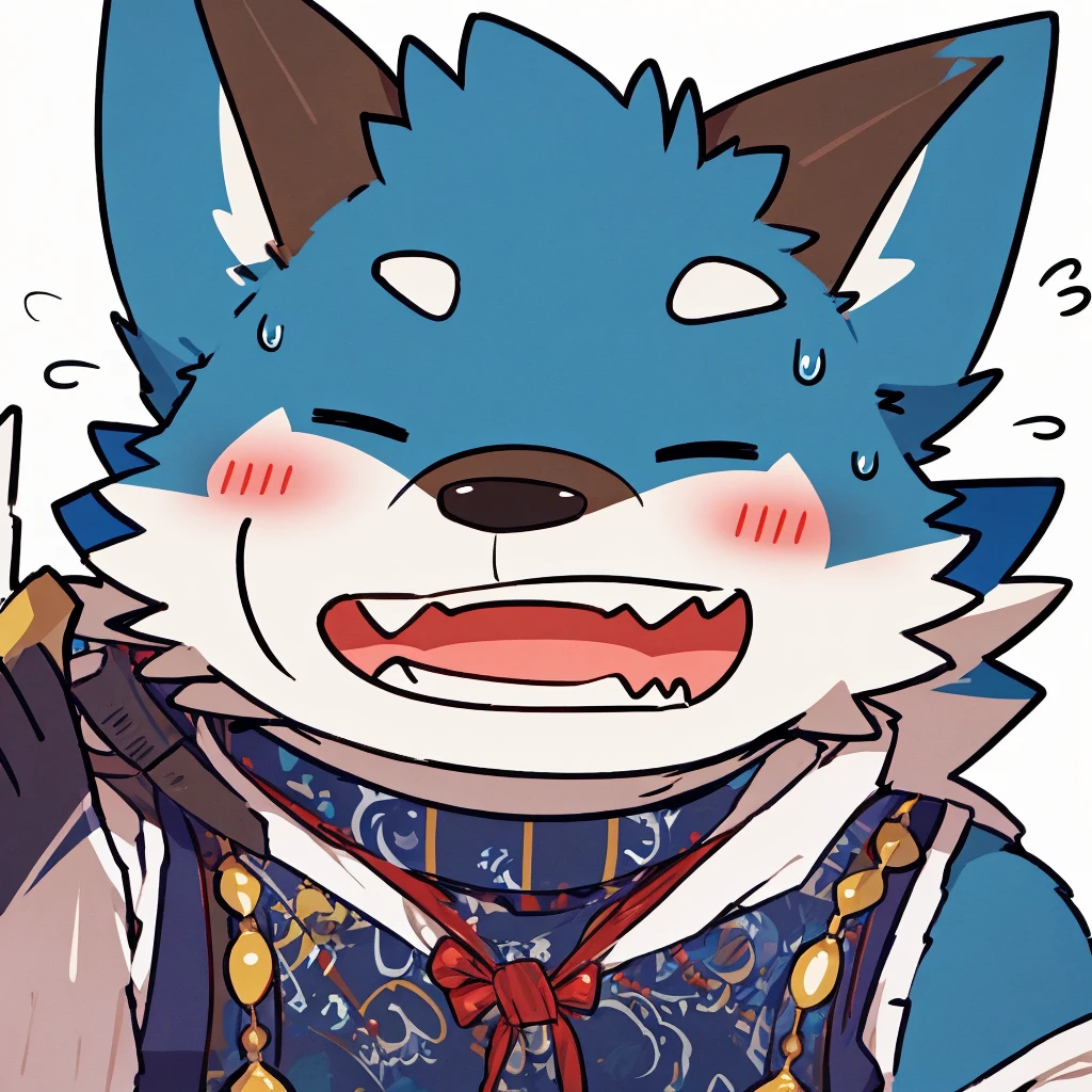 , male, chibi,  half-length portrait, flat colors, white background,  zinogre, horns, blue body, facial spikes, white fur, spikes \(anatomy\),grin, squishy \(artist\),(sweatdrop) 
(closed eyes),embarrassed , open mouth, ((FRONT VIEW)),((ð)),  