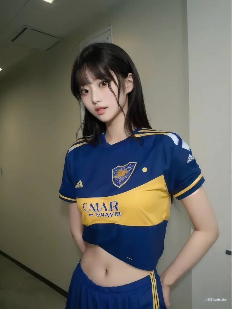 Arafed Asian woman in blue and yellow uniform posing for a photo., korean girl, wearing a volleyball shirt, wearing a school football uniform, female idol face momo twice hirai momo fem japanesse face 