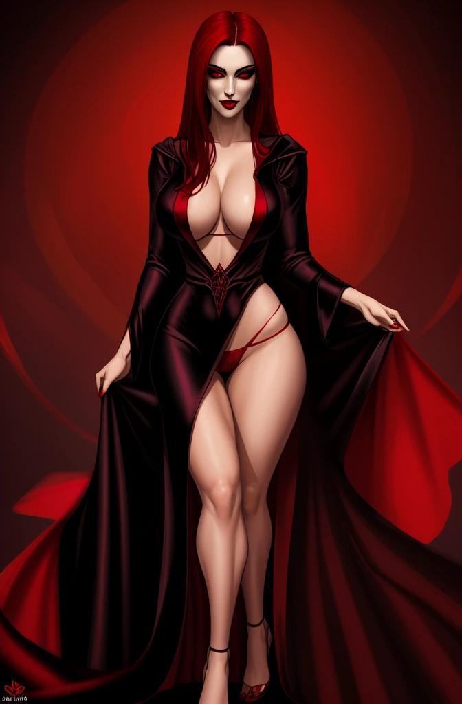 vampiress. sexy black robe, red panties, crimson hair, blank background