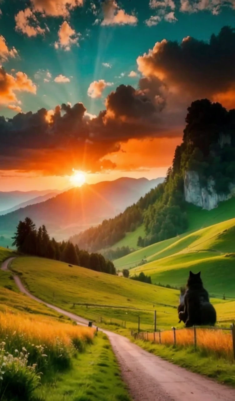 Cat image on motorbike 3D image sunrise