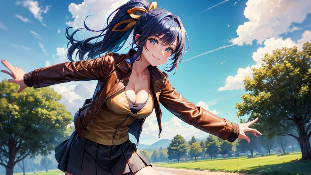 1girl, solo, full body, summer, village, trees, sun, clouds, ((colorful hair)), ponytail, large breasts, ((brown leather jacket)), brown leather shorts, ((blue undervest)), cleavage 1:3, blue eyes, skirt, smile, looking at the viewer, standing, hair ribbon, golden necklate