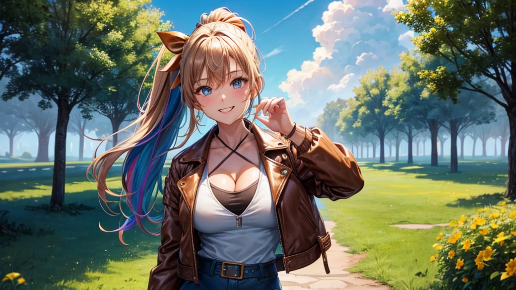 1girl, solo, full body, summer, village, trees, sun, clouds, ((colorful hair)), ponytail, large breasts, ((brown leather jacket)), brown leather shorts, ((blue undervest)), cleavage 1:3, blue eyes, skirt, smile, looking at the viewer, standing, hair ribbon, golden necklate