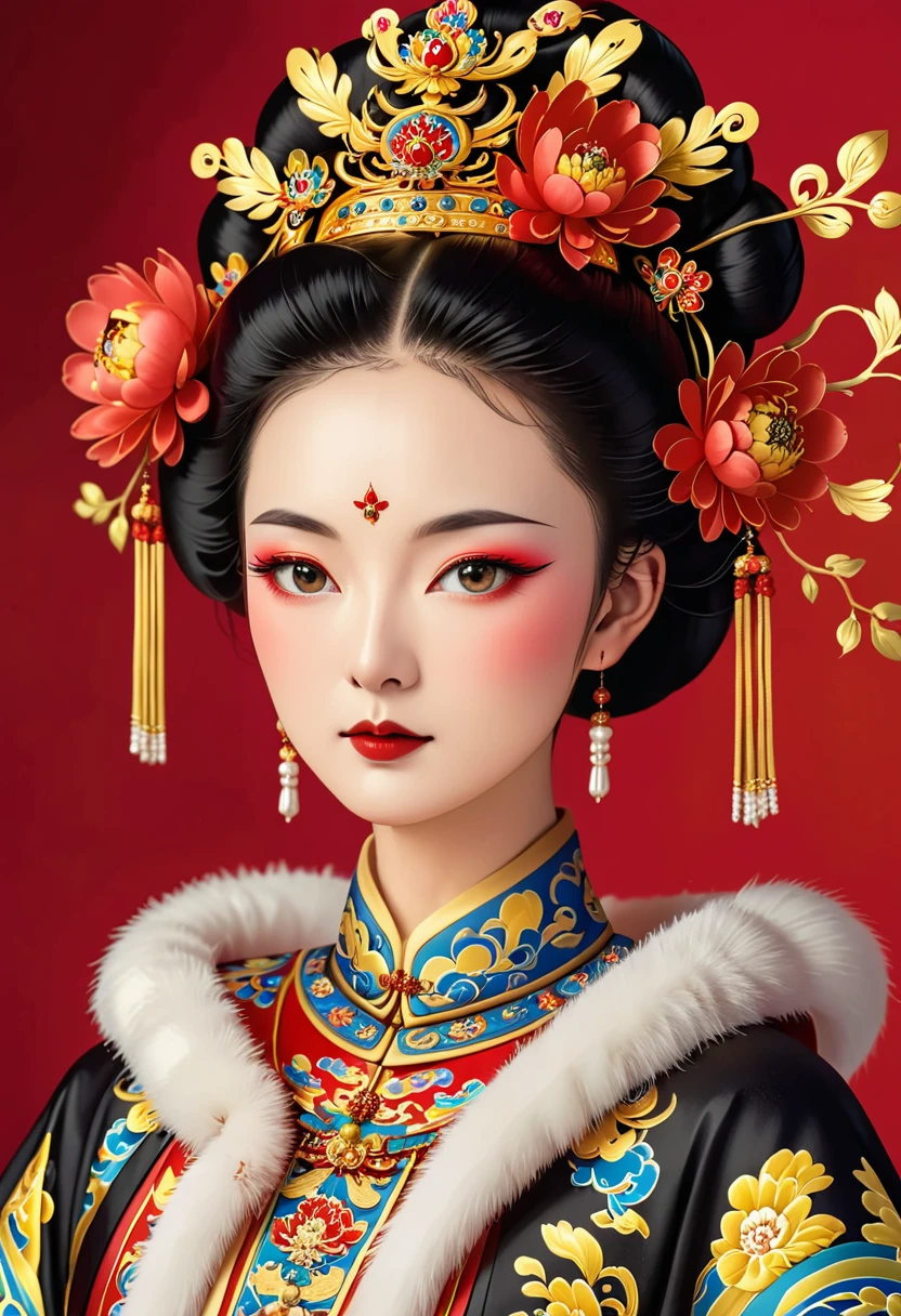 Phoenix Coronet：1.37.Solemn girl portrait，symmetry，Round Face，Bright Eyes，Smooth skin，Red peony headdress，Elegant and luxurious，Wealth，Gorgeous black and gold costumes，Chinese Qing Dynasty flag costumes,Selfish,Chinese Emperor，High bun，Gorgeous golden crown，tassel，palace，Clean background，(((Wu Zetian，Empress)))，Fur collar cape，Pearl tassels，Pearl Makeup，Red background