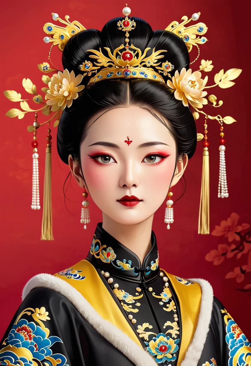 Phoenix Coronet:1.37.Solemn girl portrait,symmetry,Round Face,Bright Eyes,Smooth skin,Red peony headdress,Elegant and luxurious,Wealth,Gorgeous black and gold costumes,Chinese Qing Dynasty flag costumes,Selfish,Chinese Emperor,High bun,Gorgeous golden crown,tassel,palace,Clean background,(((Wu Zetian,Empress))),Fur collar cape,Pearl tassels,Pearl Makeup,Red background