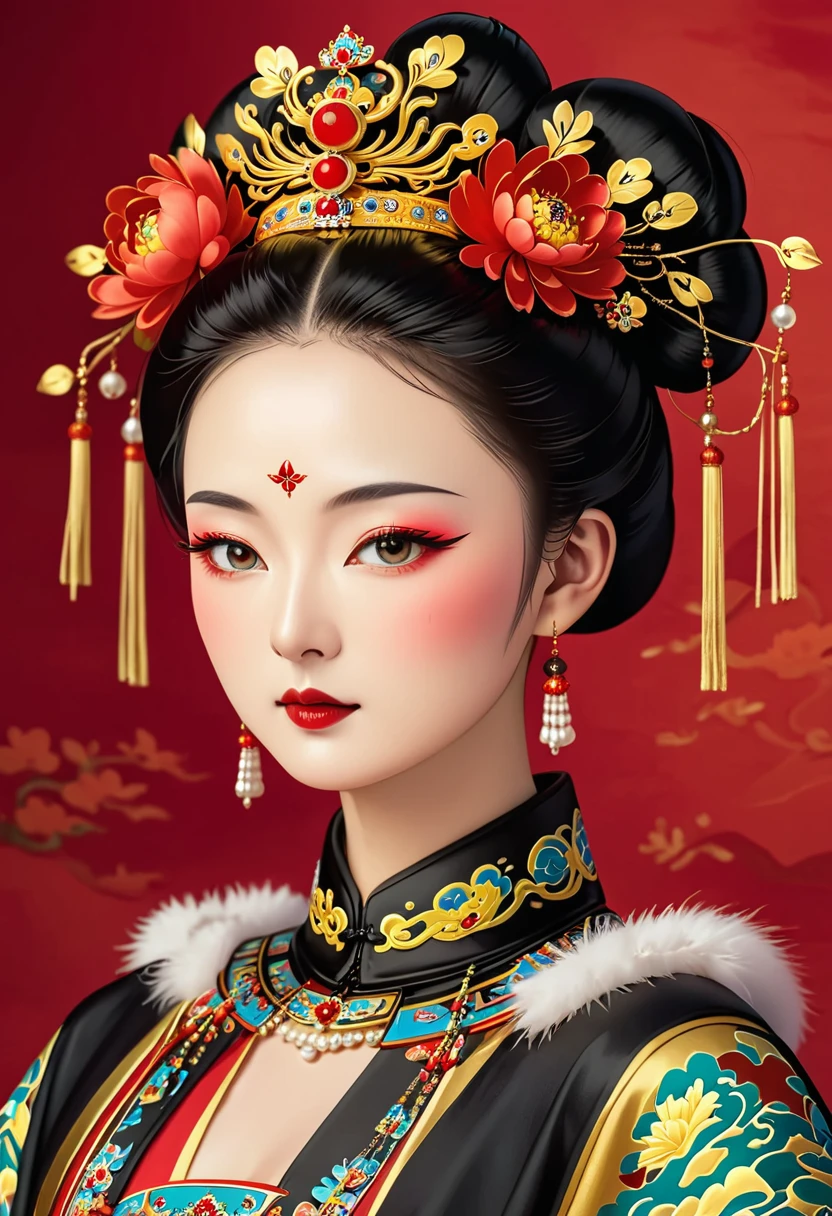 Phoenix Coronet:1.37.Solemn girl portrait,symmetry,Round Face,Bright Eyes,Smooth skin,Red peony headdress,Elegant and luxurious,Wealth,Gorgeous black and gold costumes,Chinese Qing Dynasty flag costumes,Selfish,Chinese Emperor,High bun,Gorgeous golden crown,tassel,palace,Clean background,(((Wu Zetian,Empress))),Fur collar cape,Pearl tassels,Pearl Makeup,Red background