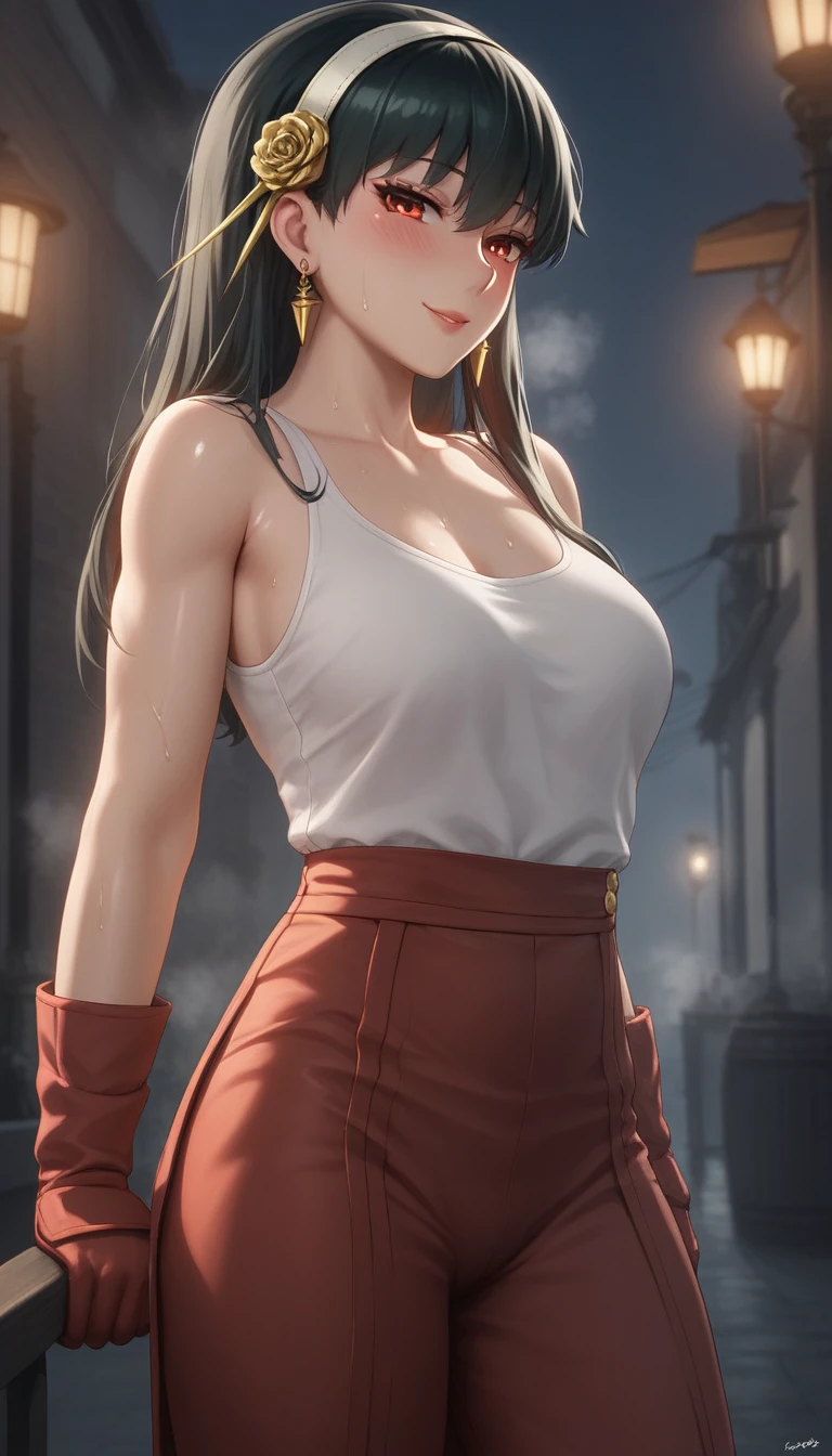 score_9, score_8_up, score_7_up, score_6_up, uncensored, Yor Briar, black hair, earrings, white hairband, hairband, long hair, sidelocks, red eyes, naughty face, shiny skin, sweating, steaming body, heavy breathing, BREAK (masterpiece:1.2), best quality, high resolution, unity 8k wallpaper, (illustration:0.8), (detailed eyes:1.3), extremely detailed face, perfect lighting, extremely detailed CG, (perfect hands, perfect anatomy), porn, 3d, white tank top, red (samurai armor), red gloves, pants, (getting undressed), night city, neon lights, dim lighting, dark alley,