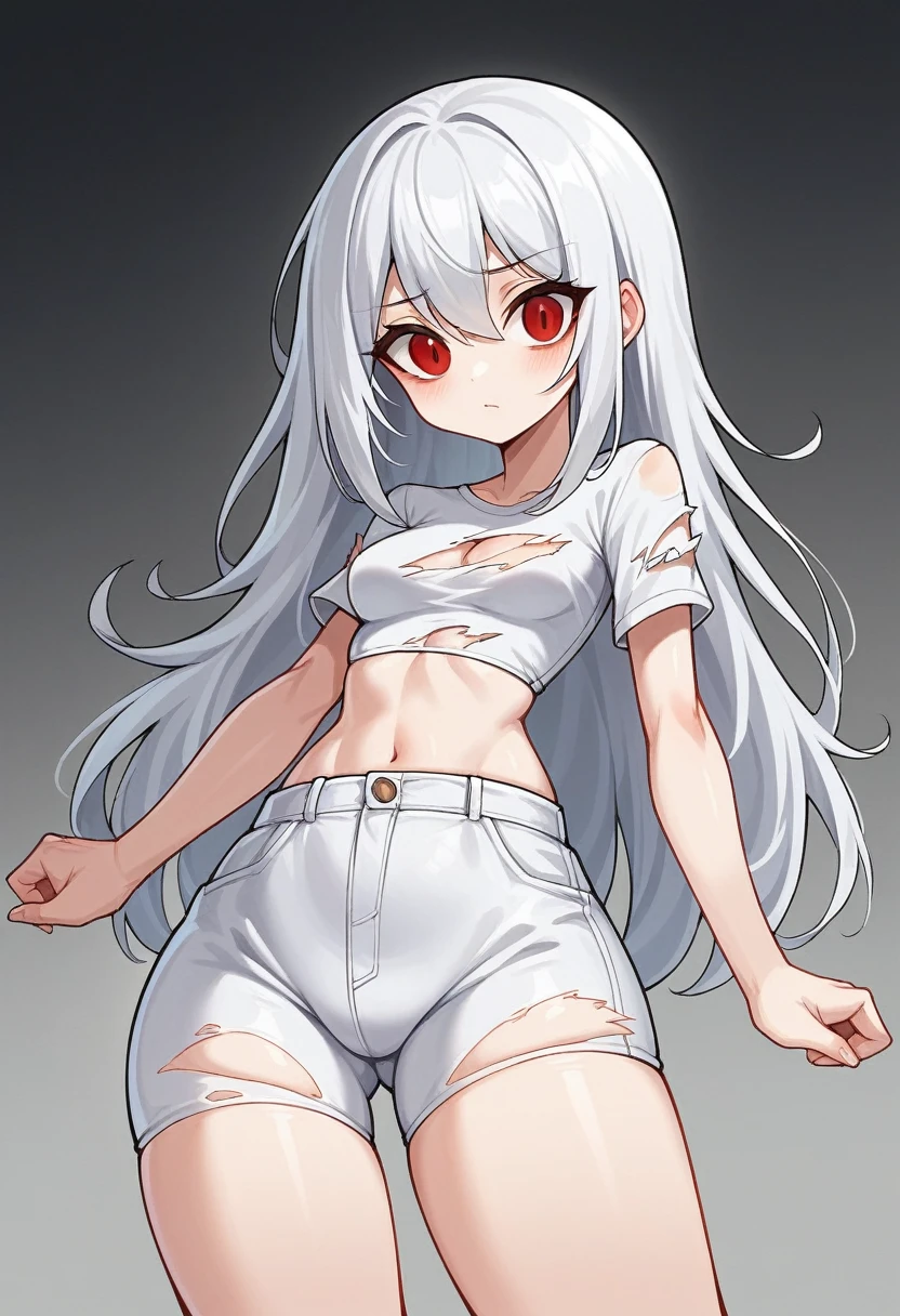 full body, kim chaewon in a tight outfit, cute korean girl, ((red eyes)), 15yo, 15 years old korean young girl in a dark forest, dark creepy forest, (long white hair), white skin tone, girl, small breast, figure, long white hair, ripped tight crop top shirt that expose midriff, ripped tight low waist white shorts, midriff exposed, small , ((thin-waist)), a small face