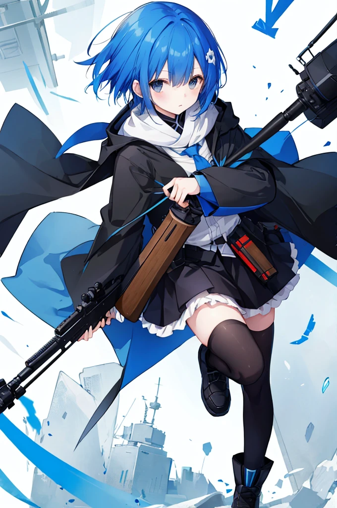 Girl carrying a sniper rifle、Blue hair short、Black cloak、stockings
