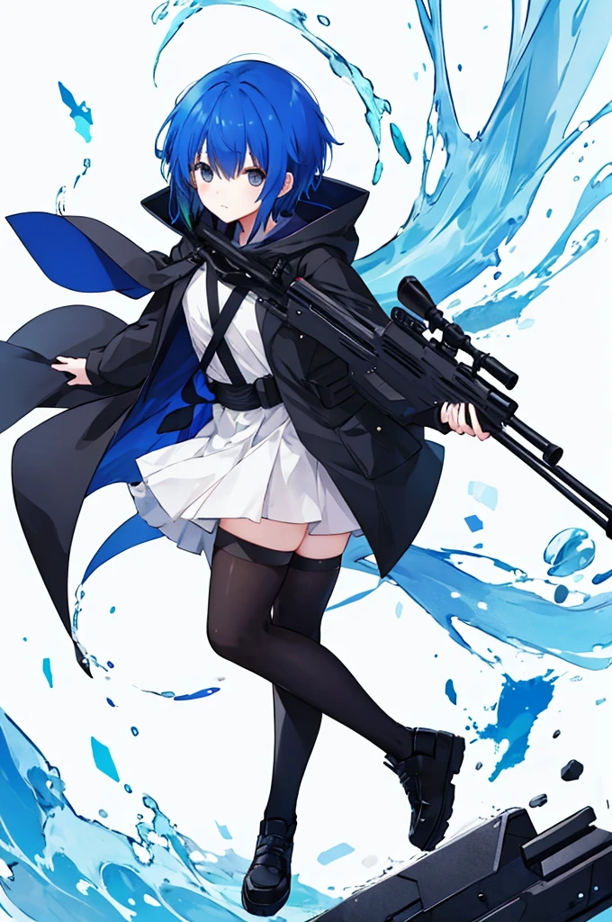 Girl carrying a sniper rifle、Blue hair short、Black cloak、stockings