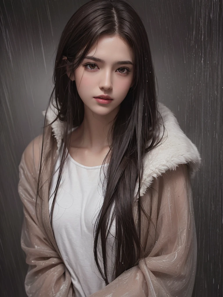 best quality,tmasterpiece,High resolution,Realistic,RAW photo,1girl,dark brown hair,Tall and tall,standing outside in the rain,Sense of strong contrast,Soft and textured skin, cold morning, With a shallow smile, With deep eyes