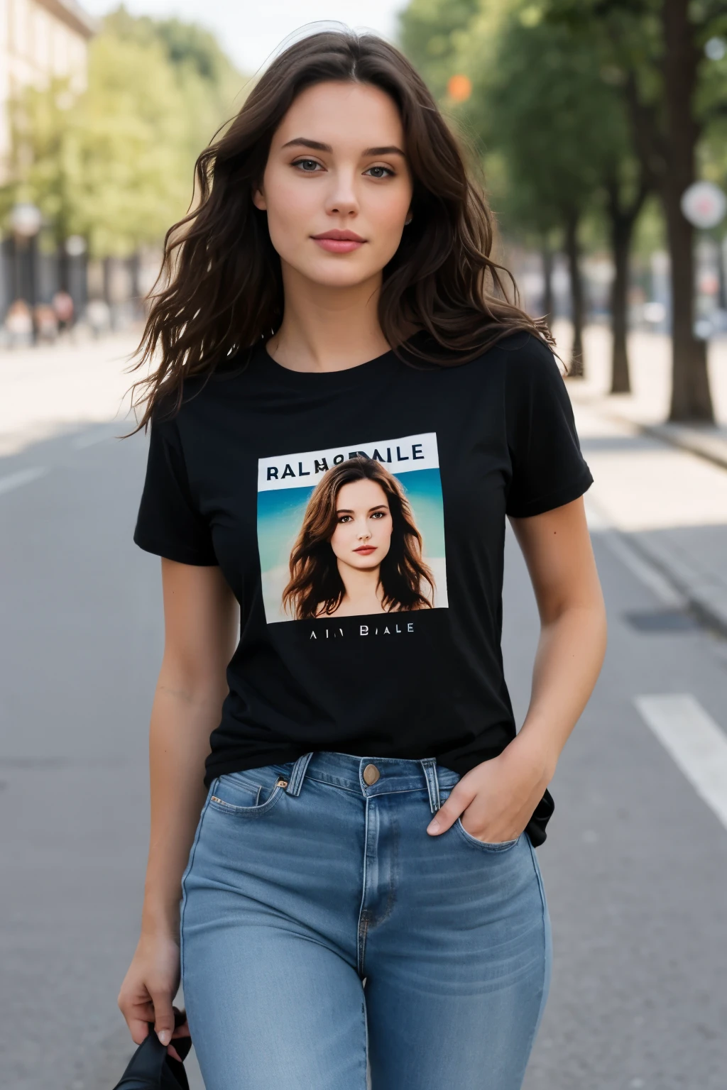 /imaginez une invite: 150 jolie belle brune portant un t-shirt noir et un jean (debout dans la rue), very detailed, 21 ans, visage innocent, natural wavy hair, blue eye, high resolution, head of&#39;artwork, best quality, intricate details, very detailed, sharpness, detailed skin, realistic skin texture, texture, detailed eyes, Professionnel, 4K, charmer smile, shot with Canon, 85mm,shallow depth of field, Kodak Vision Color, corps parfaitement ajusté, extremely detailed, photo_\(ultra\), photorealistic, realistic, Post-traitement, maximum detail, roughness, real life, ultra realistic, photorealism, la photographie, 8k uh, la photographie (grain de film) medium close up happy smile atmospheric dark lighting