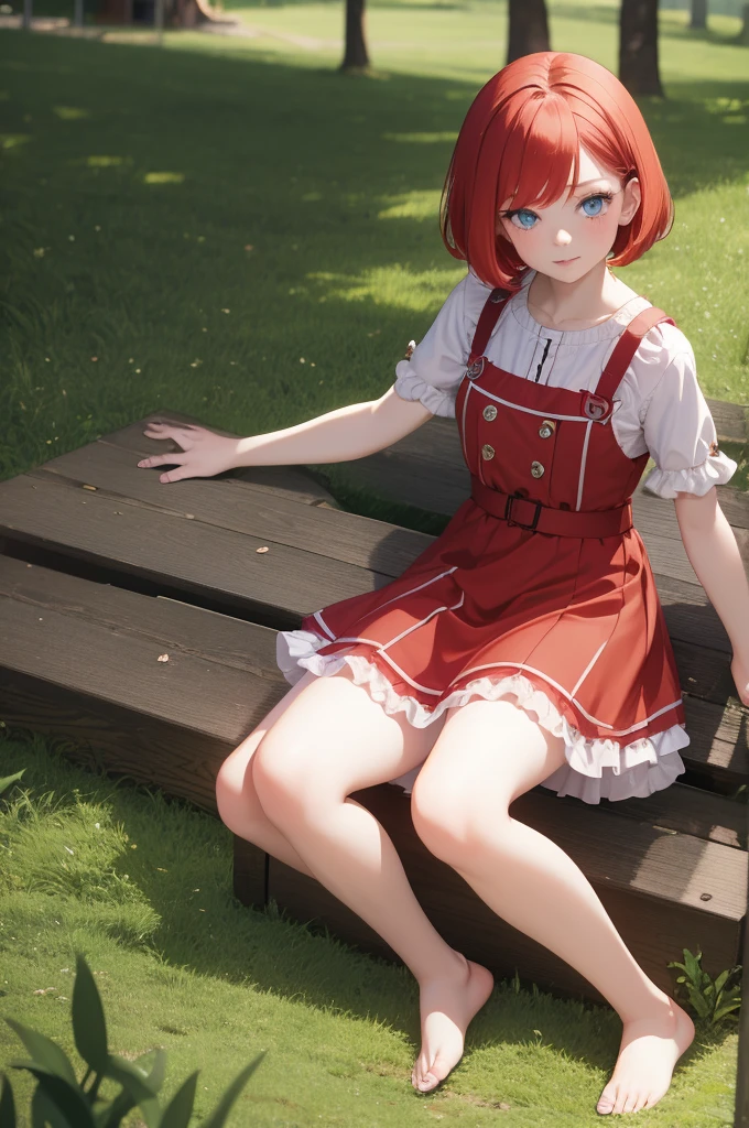 red wavy bob hair, one teen girl, pale skin, blue eyes, short frilled peach color dress, barefoot, in the park, sitting portrait