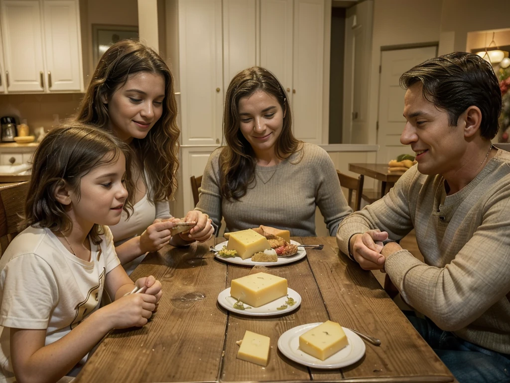 Family ((adult man and woman who are (over 45 years old)) and ((children boy and girl (12 years old each))) sitting at the table with food, Eating cheese, Warm and happy atmosphere, Good morning, Family dinner, delicious, cheese on the table, Noon, realistic