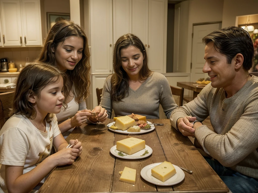 Family ((adult man and woman who are (over 45 years old)) and ((children boy and girl (12 years old each))) sitting at the table with food, Eating cheese, Warm and happy atmosphere, Good morning, Family dinner, delicious, cheese on the table, Noon, realistic