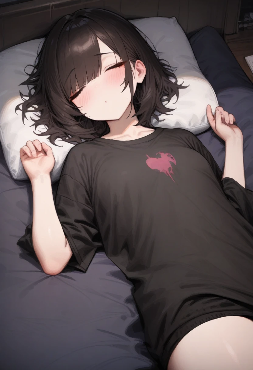 masterpiece, best quality, 1girl mochirong, on back, black shirt, sleeping, attractive, cute, a single streaming tear