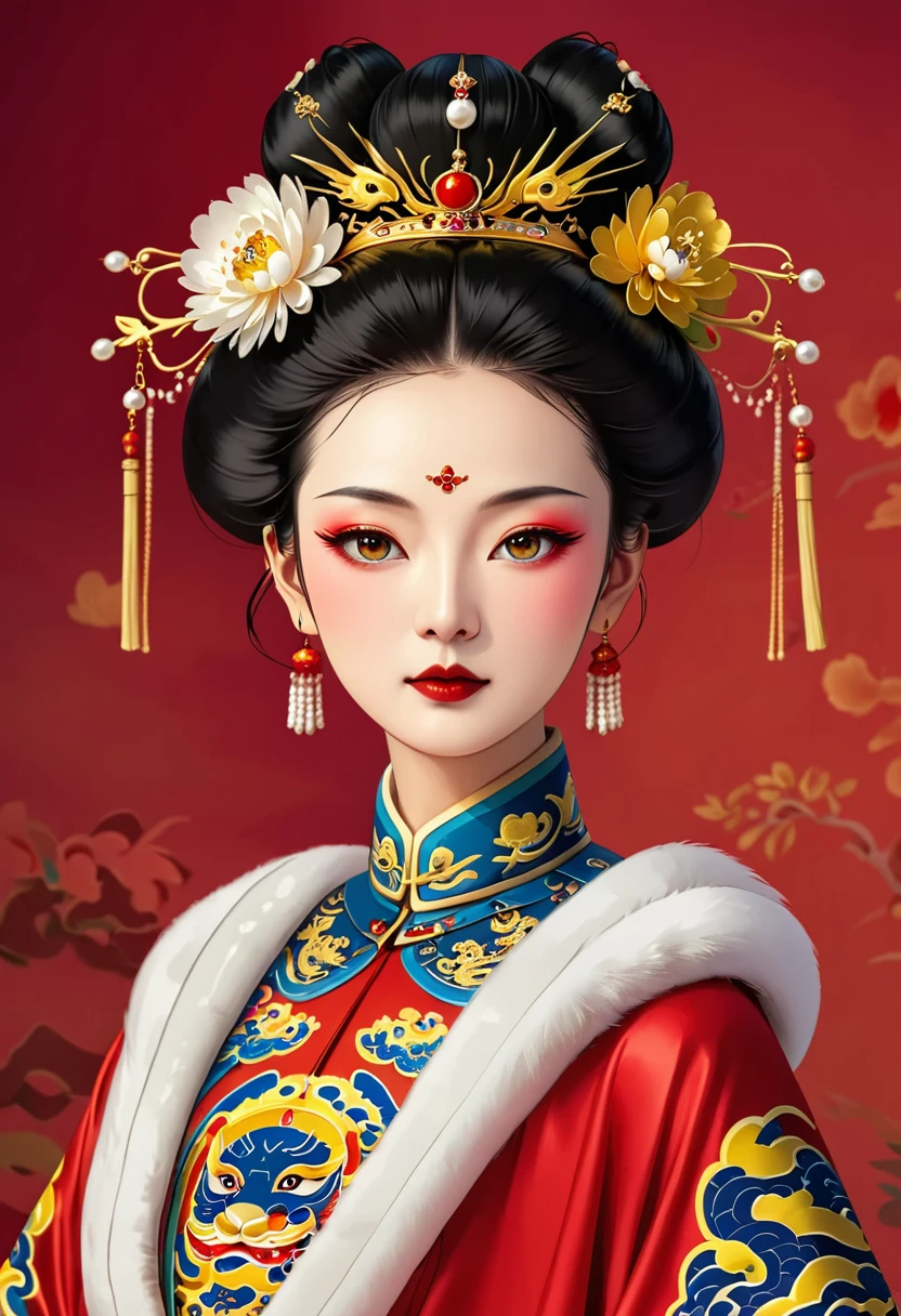 Dragon Crown:1.37.Solemn girl portrait,symmetry,Round Face,Bright Eyes,Smooth skin,Red peony headdress,Elegant and luxurious,Wealth,Gorgeous black and gold costumes,Chinese Qing Dynasty flag costumes,Selfish,Chinese Emperor,High bun,Gorgeous golden crown,tassel,palace,Clean background,(((Wu Zetian,Empress))),Fur collar cape,Pearl tassels,Pearl Makeup,Red background