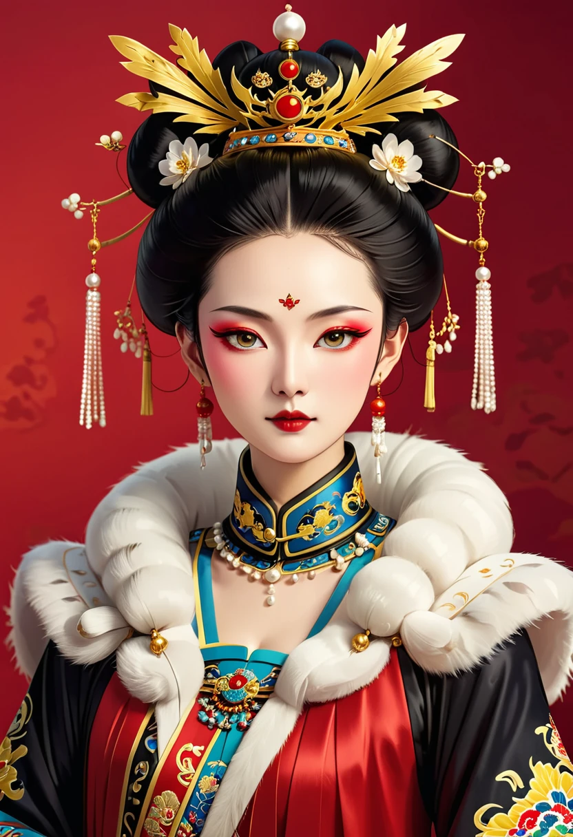 Dragon Crown：1.37.Solemn girl portrait，symmetry，Round Face，Bright Eyes，Smooth skin，Red peony headdress，Elegant and luxurious，Wealth，Gorgeous black and gold costumes，Chinese Qing Dynasty flag costumes,Selfish,Chinese Emperor，High bun，Gorgeous golden crown，tassel，palace，Clean background，(((Wu Zetian，Empress)))，Fur collar cape，Pearl tassels，Pearl Makeup，Red background