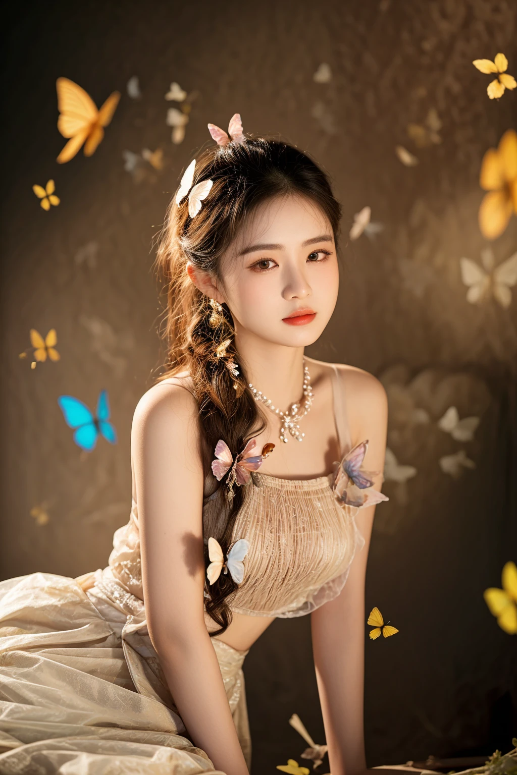 there is a woman sitting on a bed with butterflies flying around her, chinese girl, photo taken with nikon d750, photo taken with nikon d 7 5 0, a young asian woman, fantasy photoshoot, portrait shot, young beautiful woman, a beautiful young woman, modeling photography, beautiful adult fairy, 8k artistic portrait photography, chinese woman, beautiful young korean woman