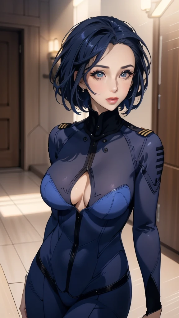 a beautiful young girl with short blue hair, a light smile, brown eyes, hair clips, lips, stud earrings, semi-rimless eyewear, wearing a glossy blue bodysuit, with a large buttocks and large breasts, (best quality,4k,8k,highres,masterpiece:1.2),ultra-detailed,(realistic,photorealistic,photo-realistic:1.37),highly detailed face, extremely detailed eyes and face, long eyelashes, beautiful detailed eyes, beautiful detailed lips, concept art, cinematic lighting, vibrant colors, hyper-realistic