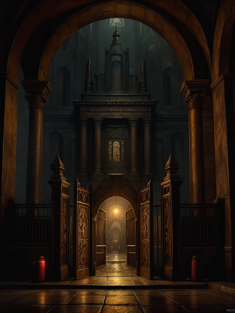 The gate of hell stands ominously, its golden inscription gleaming in the dim light. The inscription reads "Abandon hope all ye who enter here." The gate is depicted in an oil painting, showcasing its intricate details and foreboding presence. Every brushstroke captures the ancient, menacing aura of the gate, with its ornate design and oppressive atmosphere. The image is of exceptional quality, with vivid colors and expert shading that bring the scene to life in a chillingly realistic way.no human,architecture,