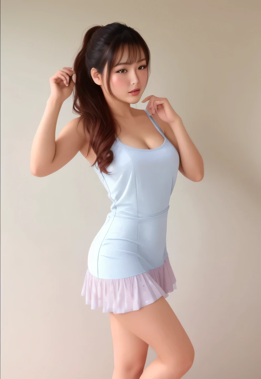 Filipina woman, Intimate, moaning face blush, red blushy cheeks, ponytail, feeling horny, beautiful thighs, in love, Having an orgasm, wearing summer mini dress