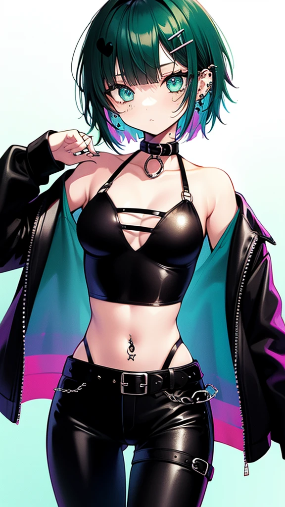 young girl, Very short hair, cut green, Cyan eyes, Emo clothing, body piercings, Black leather pants, Rainbow Belt