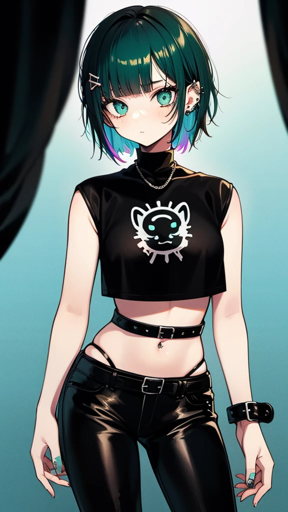 young girl, Very short hair, cut green, Cyan eyes, Emo clothing, body piercings, Black leather pants, Rainbow Belt