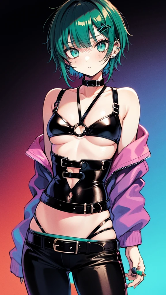 young girl, Very short hair, cut green, Cyan eyes, Emo clothing, body piercings, Black leather pants, Rainbow Belt