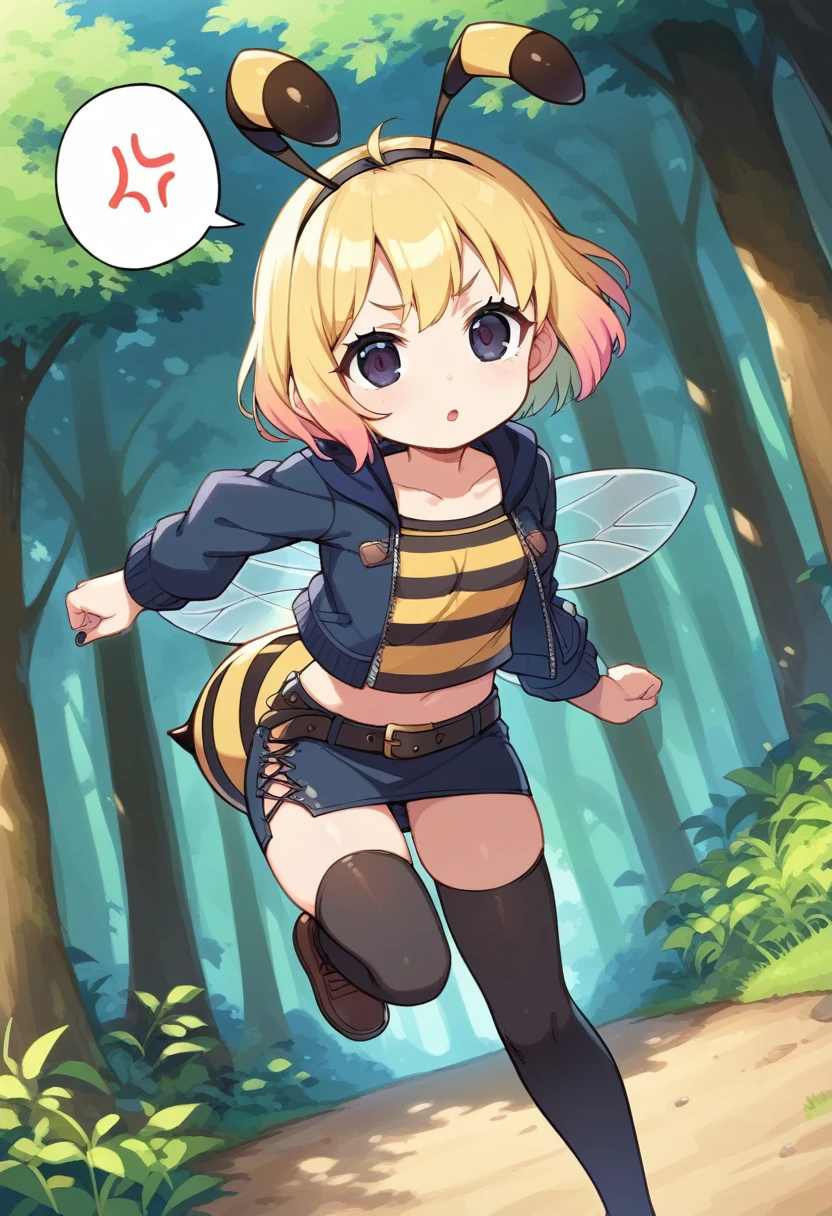 score_9, score_7_up, score_6_up, 1girl, source_cartoon, source_anime,breathtalking Scenery,watercolor,smooth soft skin, natural skin,anime screencap,mjm,rating_questionable,
BREAK
1girl,(solo:1.2),(hornet girl:1.4), bee girl,(little female child:1.3), (:1.3),6 yo, kawaii,baby face,small breast, cute face,oily skin,(Phat ass:0.6)
BREAK
(black bob cut:1.4),(yellow gradient hair:1.2),(yellow dip-dye hair:1.1),(black lob hair:1.2),ahoge,highlight on eyes,(nail_polish:1.1), black eyes,beautiful eyes, detailed eyes, puffy eyes,
BREAK
(bee antennae:1.3), (PVC material Extremely small bee wings:1.1), (bee wings:1.1),symmetry bee wings, anger vein,anguish,(spoken squiggle:1.5),spoken anger
BREAK
belt buckle,jacket, zip up, (pencil Skirt:1.1),(yellow striped black stockings:1.3),pierce,chain accessory,punk rock, croped shirt
BREAK
isometric,dutch angle,(deep forest,forest,darkness:1.2),(running:1.3),dynamic running,dynamicangle,In a secluded setting, surrounded by a dense forest, the bog lay hidden like a secret gem, its misty surface whispering tales of ancient times,misty,deep forest,